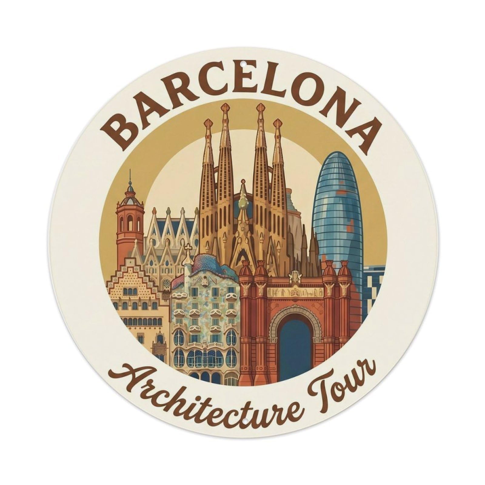 Classic Barcelona Cityscape Architecture Expedition Travel Metal Tin Sign Plaque Wall Decor for Cafe, Man Cave, Club Bar, Office, Home Garden Round Metal Poster 8x8Inch