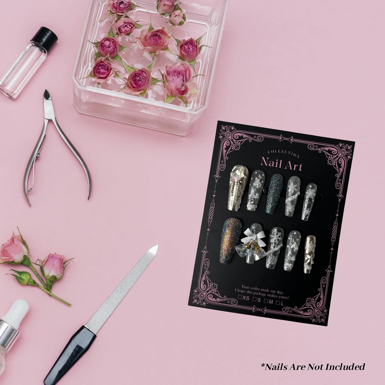 Press On Nail Packaging Kit for Long Nails – Y2K 50 Display Cards with Bags & Tape – Nail Tech Supplies for for Gothic & Baddie Nailfies Nail Salon Studio Manicure Business(Black, 3.54*4.7)