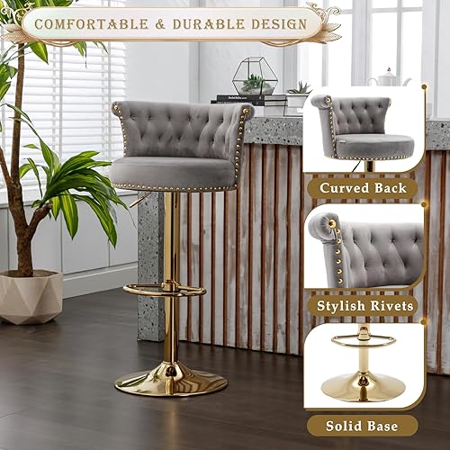 Miniatura 3 de Juego de 2 taburetes de bar de terciopelo con altura de mostrador, taburetes de bar giratorios con respaldo y reposapiés, modernas sillas de bar