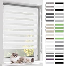 BelleMax Day and Night Roller Blind, Double Fabric, No Drilling, Translucent Blackout Privacy Protection, for Windows and Doors (Fabric Width 40 cm), White, 40 x 150 cm