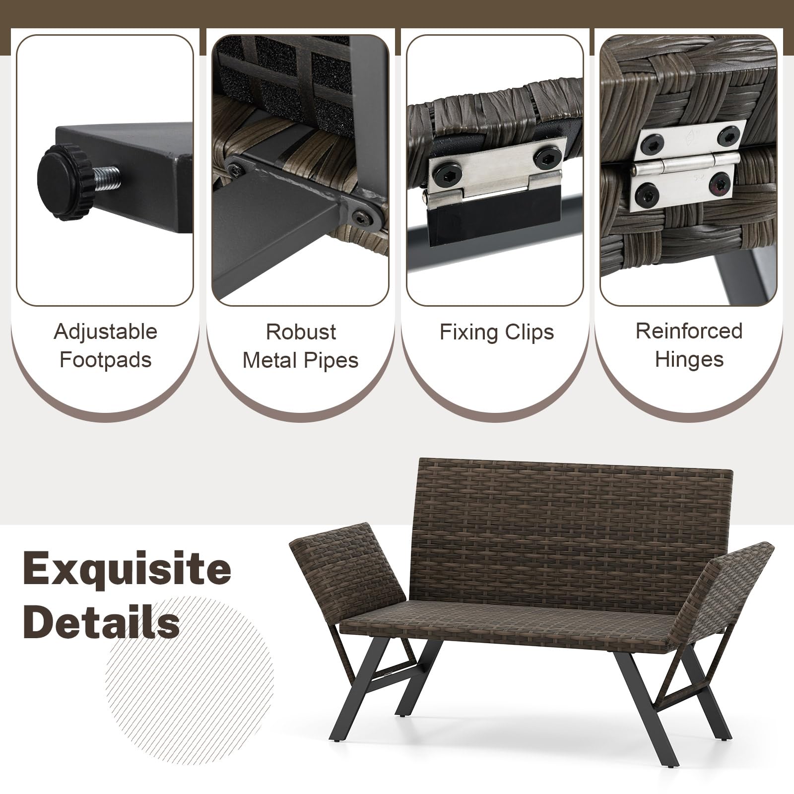 GIANTEX Divano da giardino in rattan a 2 posti, panca convertibile da esterno con braccioli regolabili, design intrecciato, lunghezza 163-178 cm, carico 300 kg, lettino da giardino per terrazza