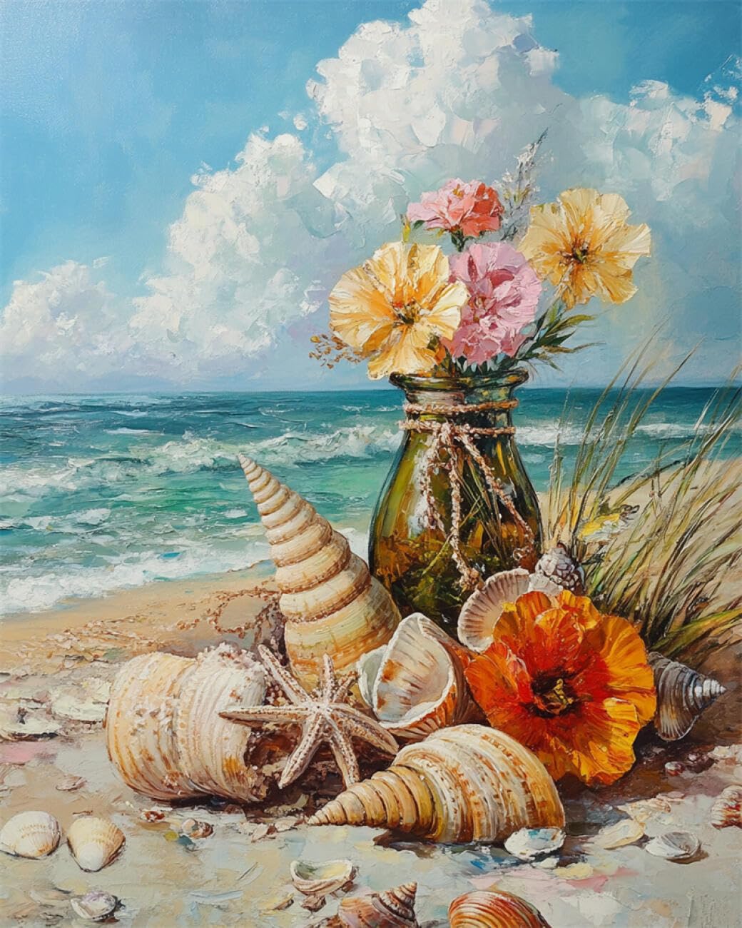 Rkflgew D Iy Embroidery Beads Set Flower An Seashell Oil Painting 50X70cm