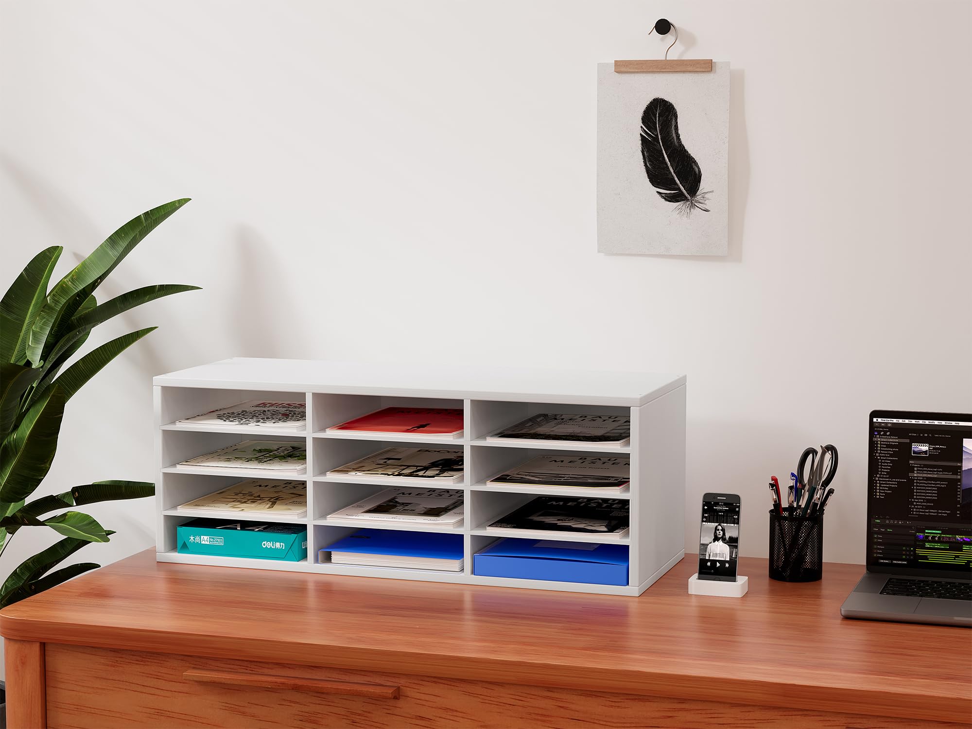 EasyPAG 12 Compartimentos Madera A4 Bandeja Archivador Organizador Hojas Soporte Documentos Clasificador Oficina Almacenamiento Escritorio Estante Papeles,Blanco
