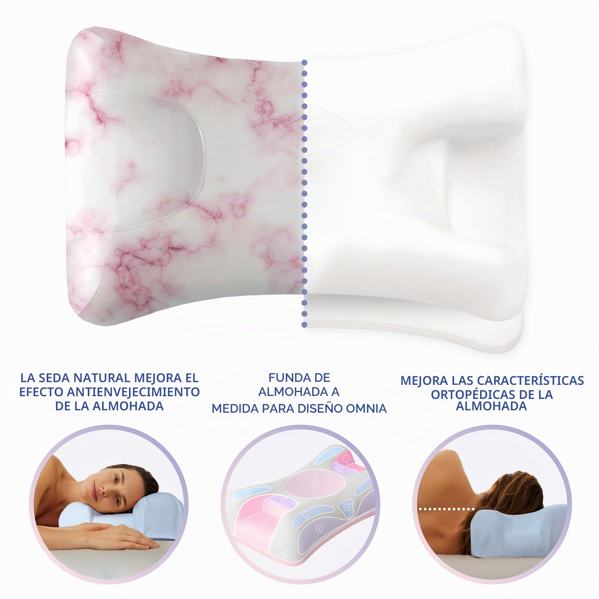 Sleep&Glow Omnia - Funda de Almohada de Seda Natural Antiarrugas para el Cuidado del Cabello y la Piel, 19 mm, Morera de Grado 6A, Mármol Rosa
