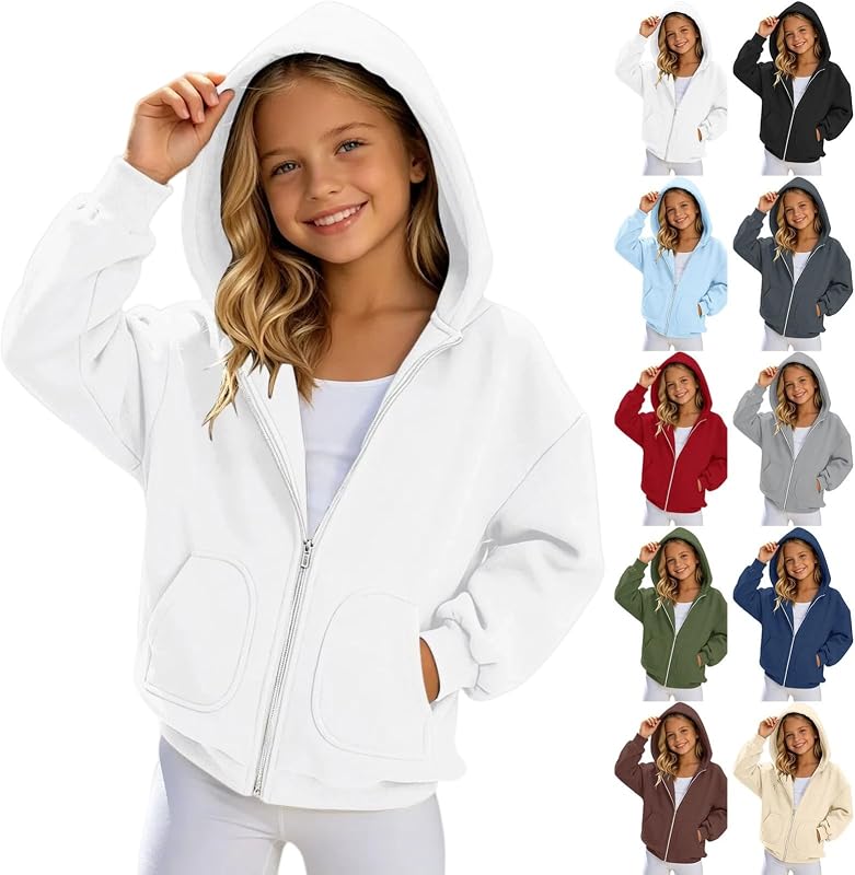 Girls Zip Up Hoodie Fashion Oversized Casual Cute Comfy Long Sleeve Sweatshirt Jacket with Pockets 4-15 Years