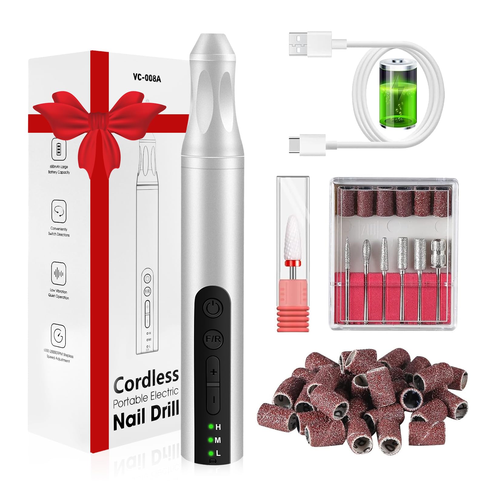 CGBE Torno para Uñas, Lima Eléctrica Uñas 20000 RPM Velocidad Ajustable, USB Recargable, Torno para Uñas Profesional Portátil para Uñas de Gel Acrílico, Plateado