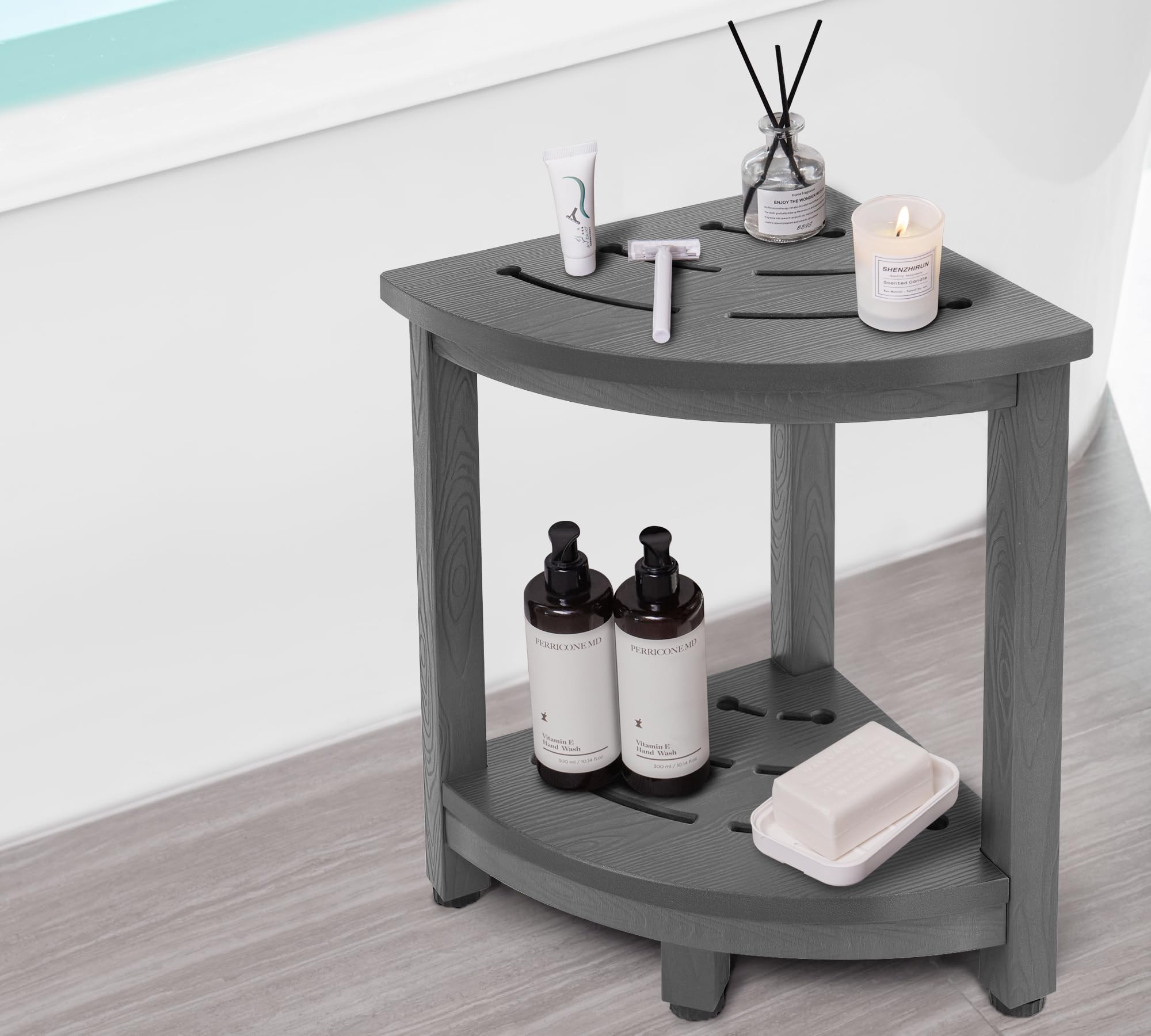 Y&M Taburete de ducha de esquina para ducha interior, banco de ducha impermeable para afeitarse las piernas, banco de baño de 2 niveles con estante de almacenamiento para baño, sala de estar, uso en
