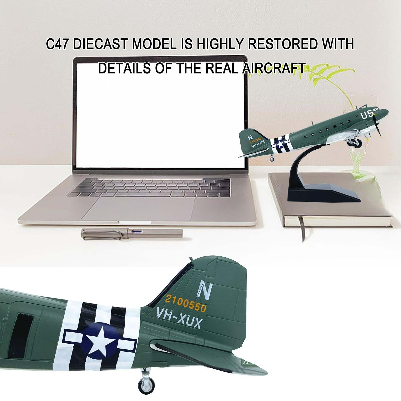 Modello aereo trasporto C-47 in scala 1:100 - Warbird militare in lega con espositore, puntelli rotanti Ruote Decorazione da scrivania for collezionisti, appassionati aviazione, ufficio