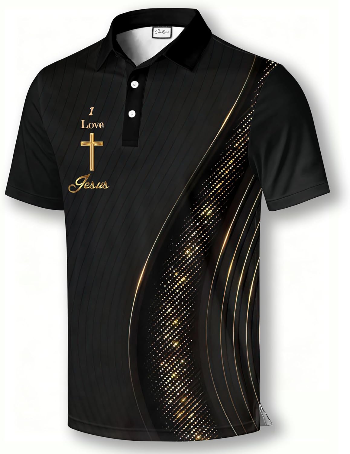Christian Athletic Golf Polo, Black Performance Shirt with Gold Cross Design, Short Sleeve