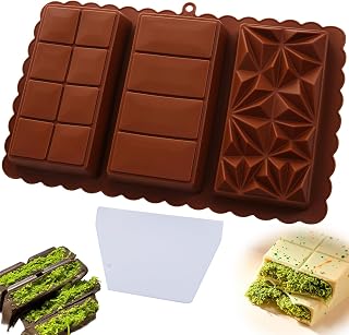 Chocolate Bar Mold, 1 Inch Pistachio Chocolate Bar Silicone Thick Mold for Candy, Snacks, Deep Dubai Pistachio, Knafeh Pistachio and more, Baking Scraper Included