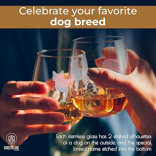 Miniatura 8 de Copas de vino sin tallo (juego de 2) de perros de raza  Regalos para amantes de perros  Silueta de 2 caras grabada a mano con nombre de la raza en