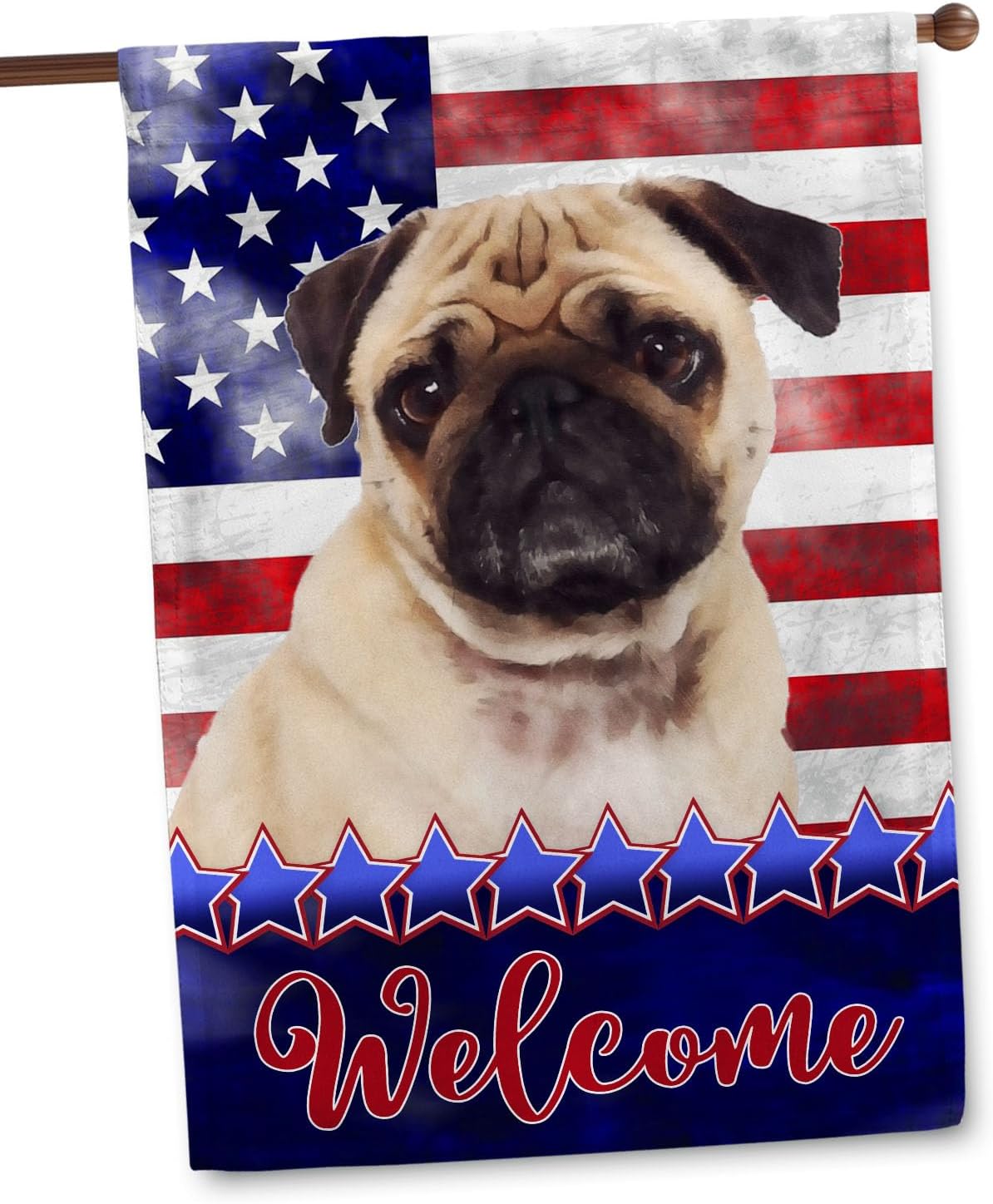 Flagology, Stars and Stripes Pug – House Flag 28" x 40", Outdoor Flag, Exclusive Premium Fabric, Patriotic, July 4th, Dog, Pug