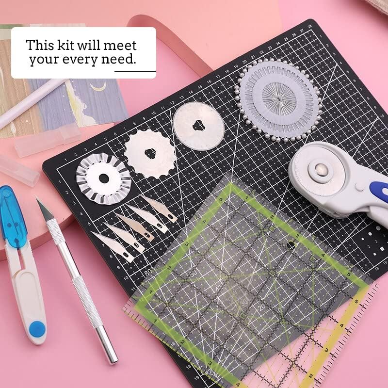 Nonvor 45mm Rotary Cutter Kit with A4 Cutting Mat Acrylic Sewing Ruler Sewing Clips Pins Carving Knife Set for Fabric Sewing