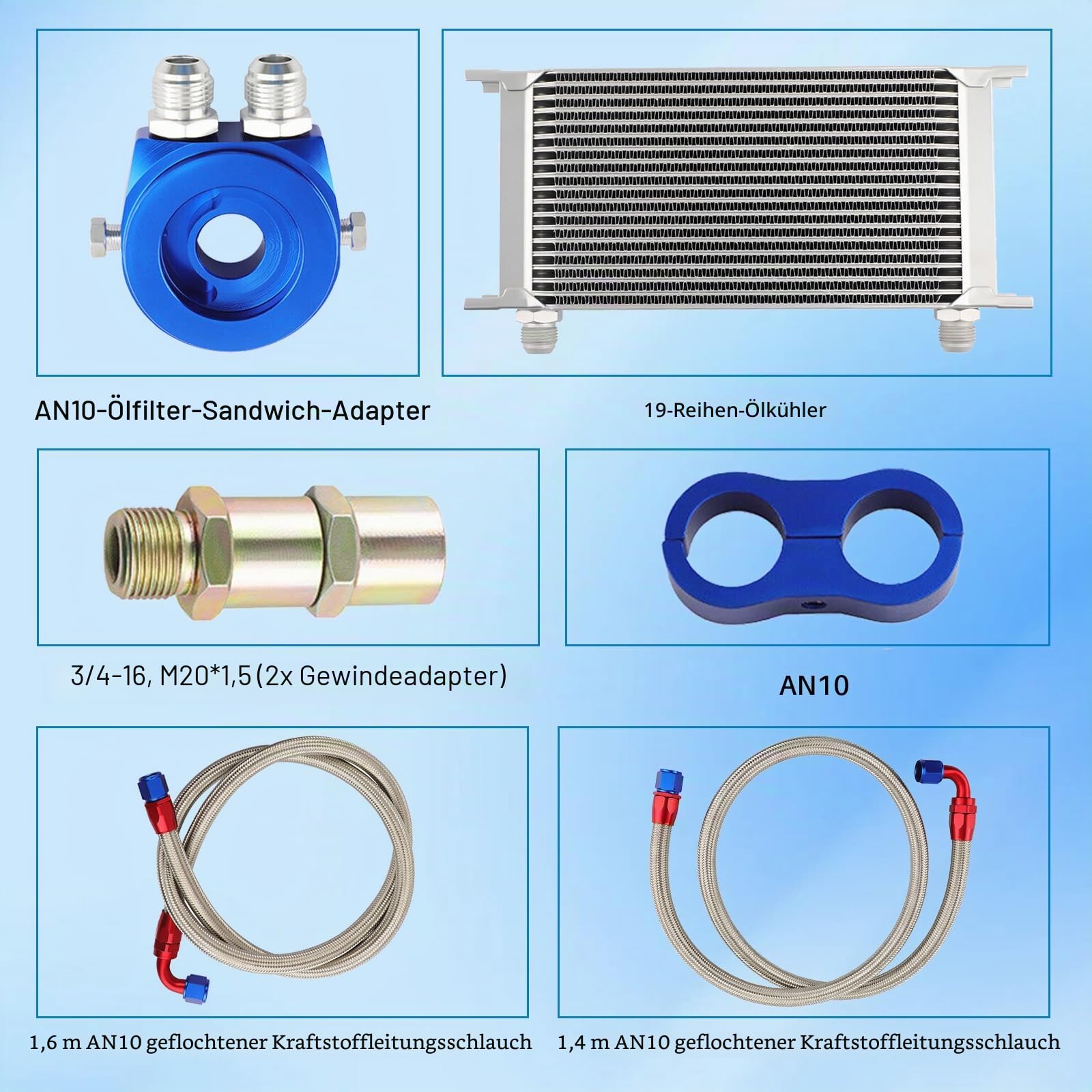 Ölkühler 19 Reihen AN10 Anschluss Set Zusatz Kühlung Extern Oil Cooler Universal Motorkühlung Wasserkühler Ölkühlerkühler Motorölkühler Motorgetriebe Ölkühler mit 2 Ölschlauch Motorkühler