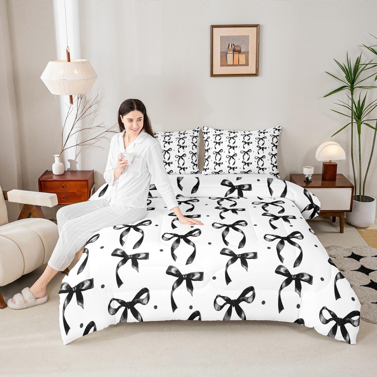 Erosebridal Ribbon Black Bow Queen Comforter Set,Cute Black Bows Bedding Set for Girls Teen Kids Bedroom Decor,Coquette Bowknot Bed Set Princess Bowtie Bedding Comforter Sets,2 Pillowcases image 3