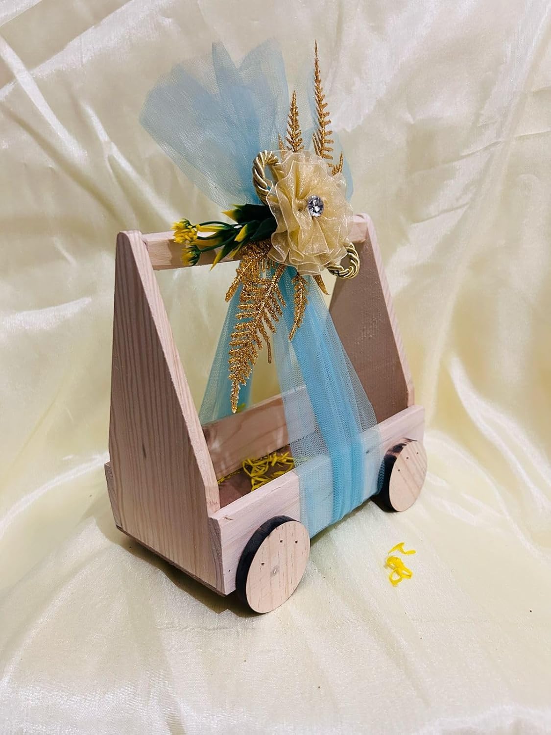 Vayu Art & Crafts Pinewood Gift Basket Cart With Handle and Wheels with Net Decoration including Flower (1 Pc) (Size-10.7x19.6x17.78 cm) (Size-4.2x7.7x7 Inch)-image-44