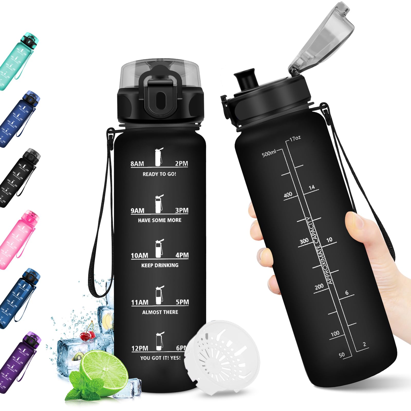 JAPORIA Borraccia 500ml, a Prova di Perdite, Borraccia Sportiva con Indicatore del Tempo, senza BPA, Bottiglia Acqua Motivazional per Bici, Palestra, Scuola, Gym