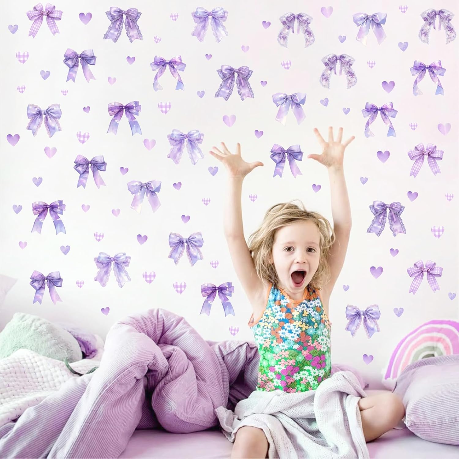110 Pcs Watercolor Girls Room Wall Decals Bow Sticker Decor Purple Love Heart Walls Stickers Bow Knot Crafts Decal DIY Coquette Vinyl Wallpaper for Nursery Baby Bedroom Birthday Party Decoration Gifts