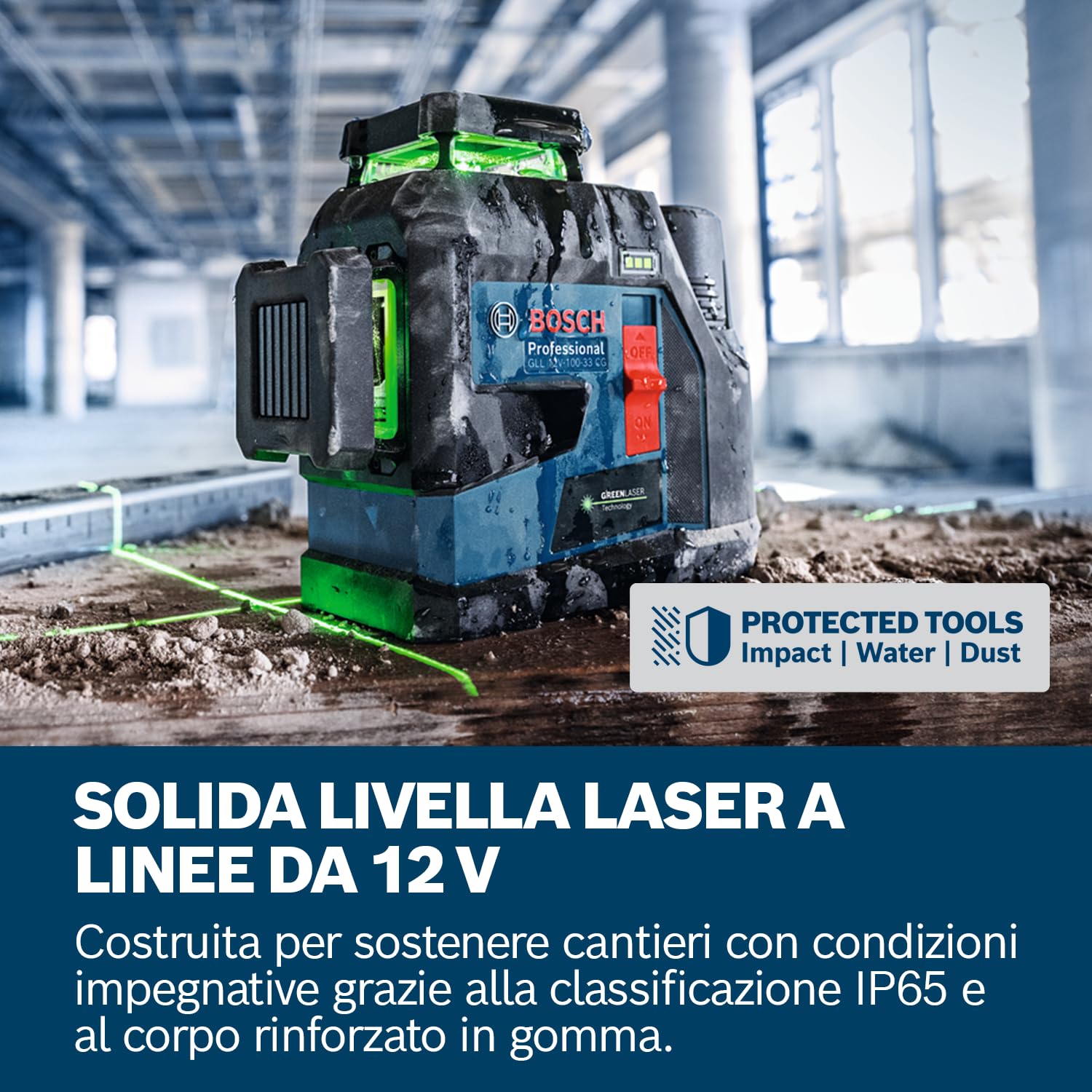 Bosch Professional Livella laser a linee GLL 12V-100-33 CG (3 linee laser verdi a 360°, raggio d'azione di 100 m (raggio), Levelling Remote, IP 65, LB 10, 4xLR6 da 1,5 V (AA), adattatore, custodia)