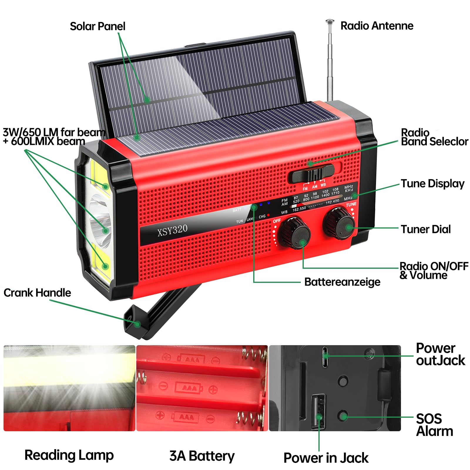NOAA Radio d'urgence avec manivelle solaire portable SW/AM/FM pour la survie alimentée par batterie rechargeable, batterie remplaçable, horloge SOS alarme et lampe de poche (320 rouge)