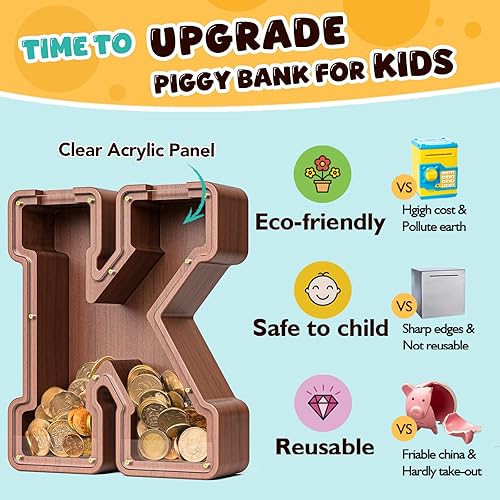 Miniatura 330 de SummiDate Alcancía de madera con nombre, niños y niñas, tamaño grande, letras alfabeto A-Z, monedas y billetes, inicial en cubierta transparente