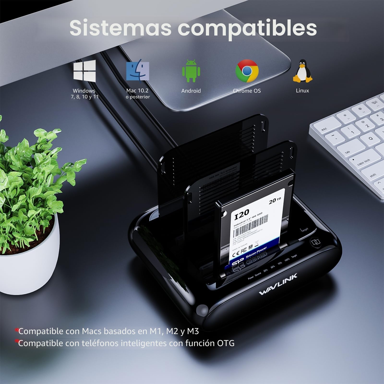 WAVLINK Doble bahía Estación de Acoplamiento para Disco Duro Externo Soporta 2x20TB, USB 3.0 a SATA I/II/III para 2.5 o 3.5in HDD, SSD con función de clonado Offline, soporta UASP SATA 5Gbps