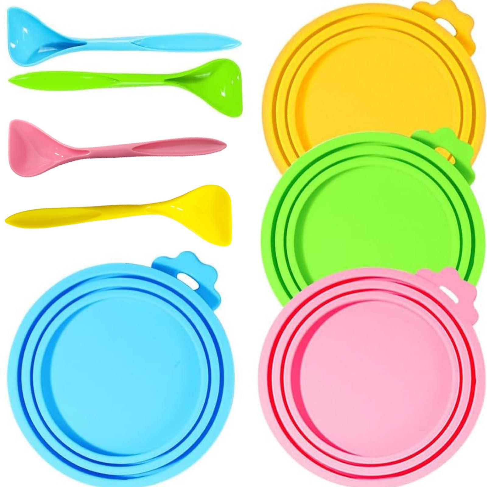 Pet Food Can Lids+Spoon,4 Sets Universal Size Silicone Food Can Covers+Spoons for Dog & Cat Food,Fit Most Standard Size Dog Cat Food Canned, Dishwasher Safe| BPA Free