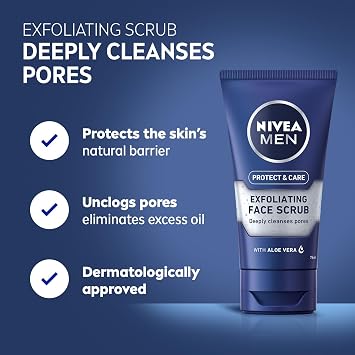 NIVEA MEN Protect & Care Exfoliating Face Scrub (75ml), Invigorating Men's Face Scrub and Cleanser with Aloe Vera, Exfoliating and Refreshing