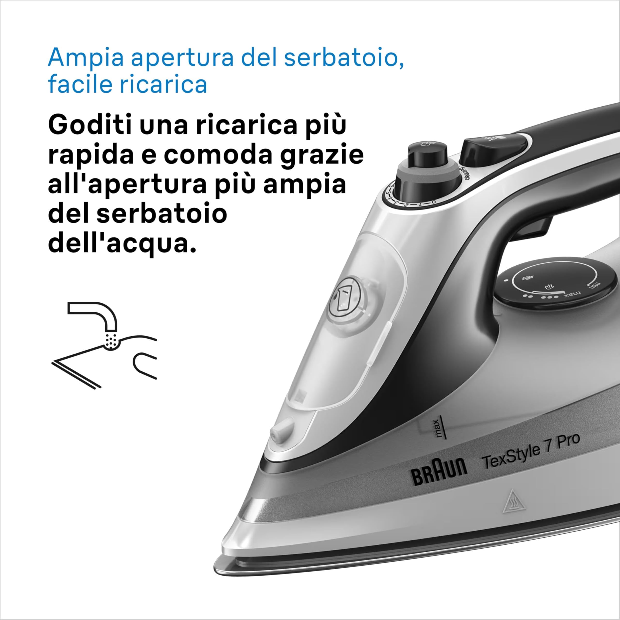 Braun TexStyle 7 Pro SI7149WB, Ferro da Stiro con Piastra FreeGlide 3D EloxalPlus, 220 g/min, Punta di Precisione, Manico Ergonomico, Ricarica da 300ml, Sistema Antigoccia, 2900W, Bianco/Grigio