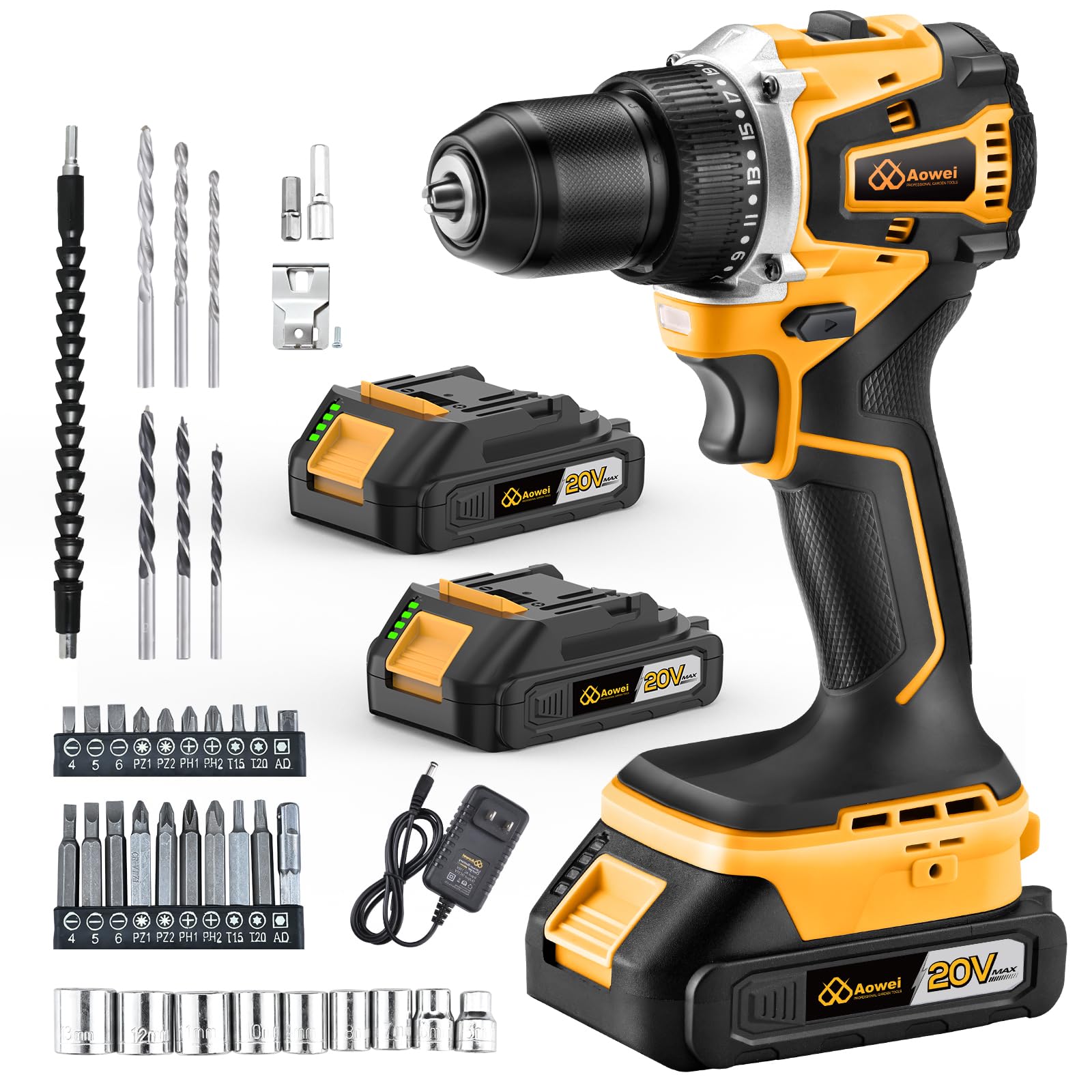 Cordless Drill Set/Driver, 20V Electric Power Drill With Battery And Charger, 40N Torque, 20+1 Settings, 2 Batteries,3/8-Inch Keyless Chuck, Driver Bits Kit, LED Light