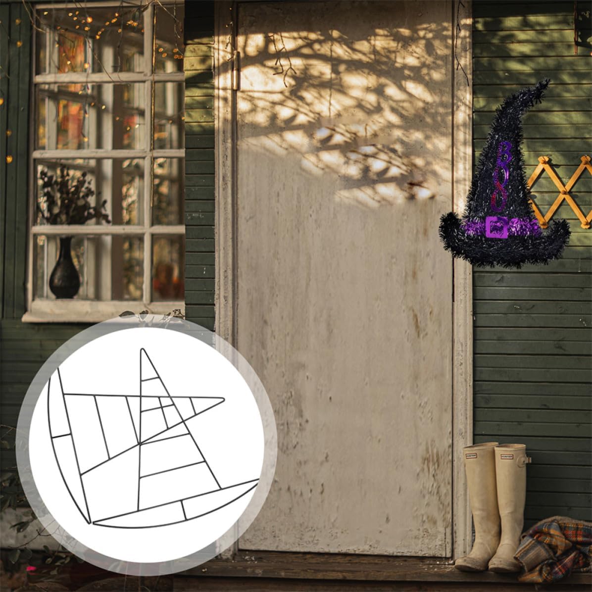 4pcs Witch Hat Wire Wreath Frames for DIY Halloween Decoration, Iron Material, Strong and Easy to Clean, for Garden and Porch Hanging