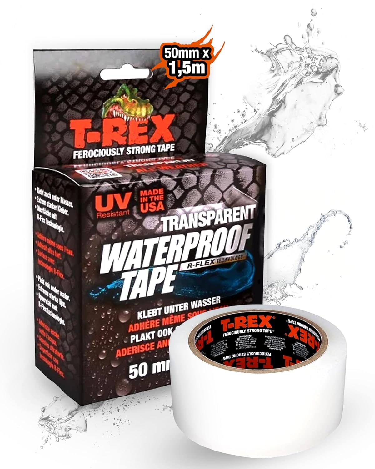 T-REX Waterproof Tape Transparent - Cinta acorazada impermeable - Cinta de sellado ideal para piscinas y exteriores - Resistente a los rayos UV y al calor - 50mm x 1,5m