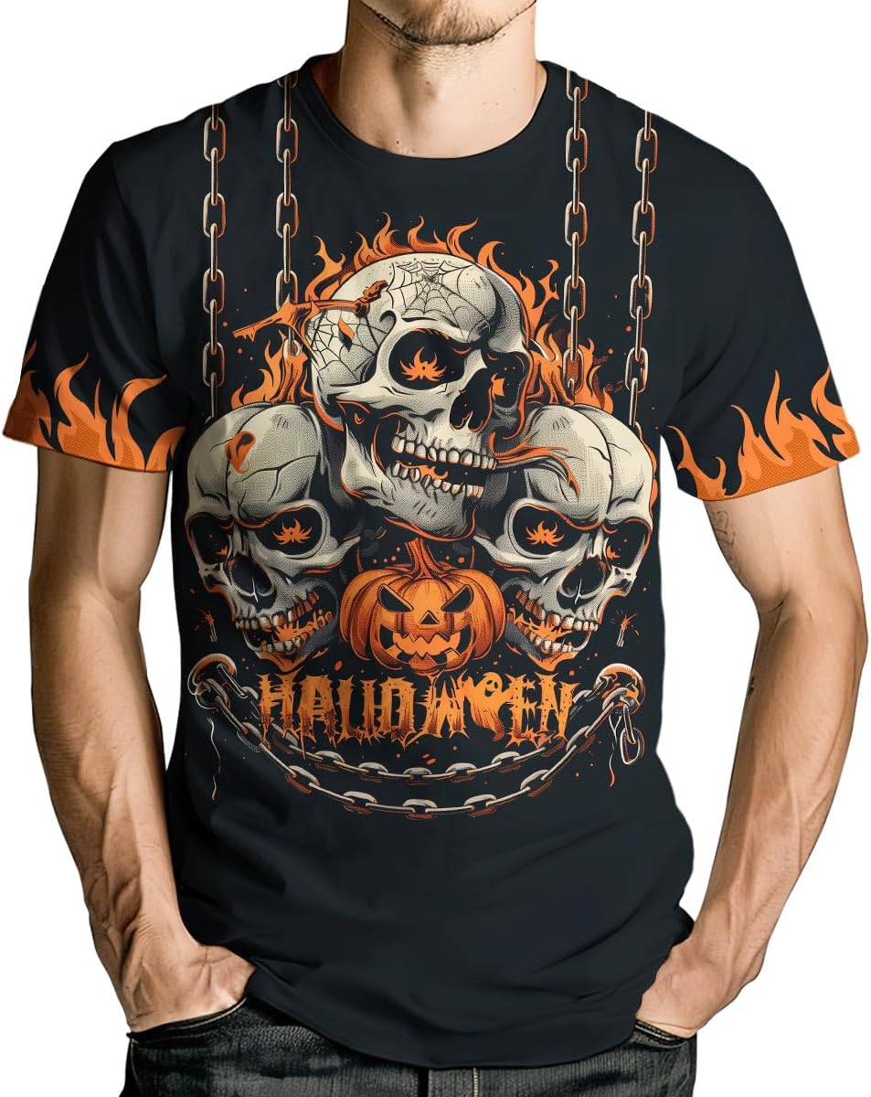 Men's Halloween Skull T-Shirt Fun Skeleton Pumpkin Ghost Graphic Tee Skull Shirt Black1 Medium