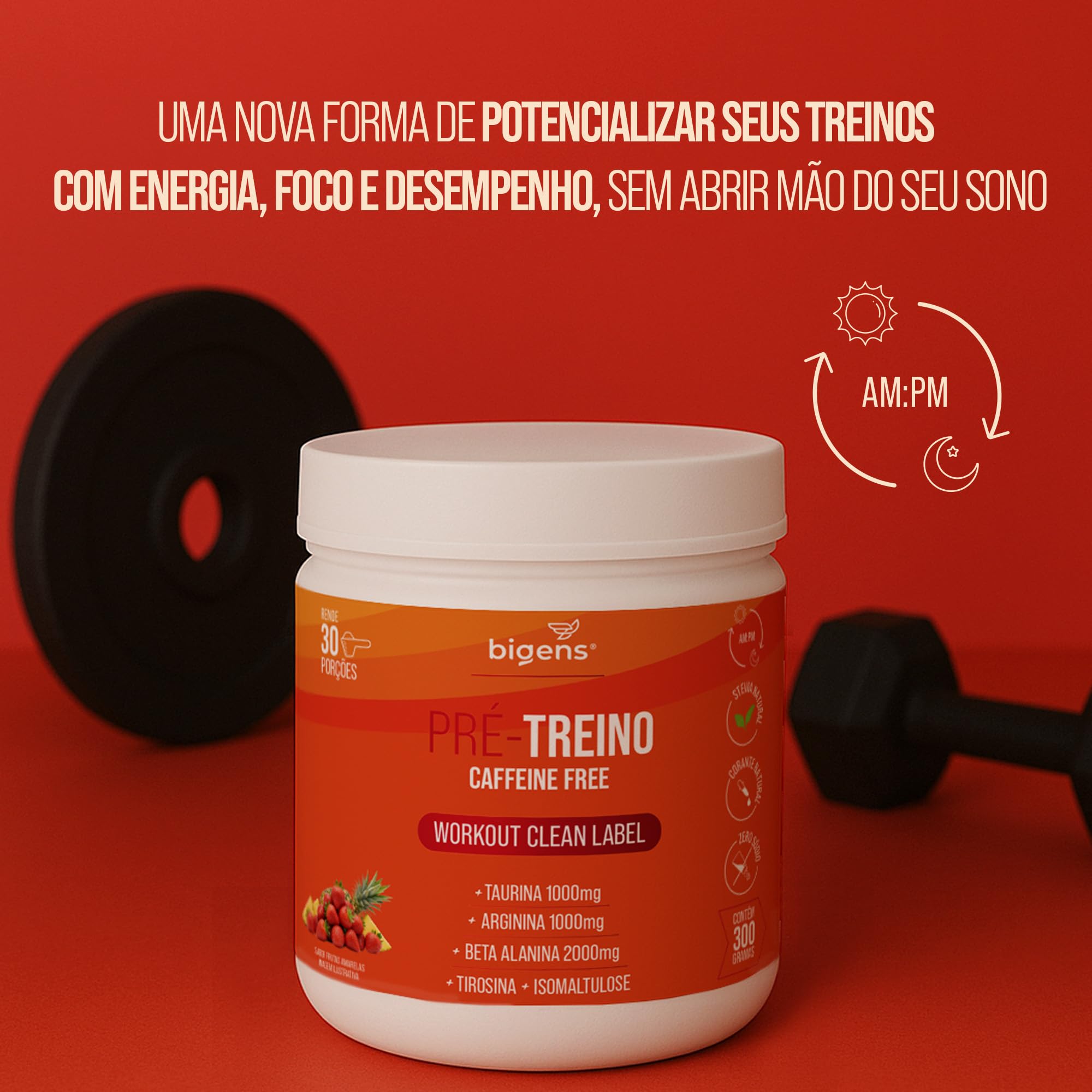 Bigens Pré Treino, Sem Cafeína, Sabor Morango e Abacaxi, 300g