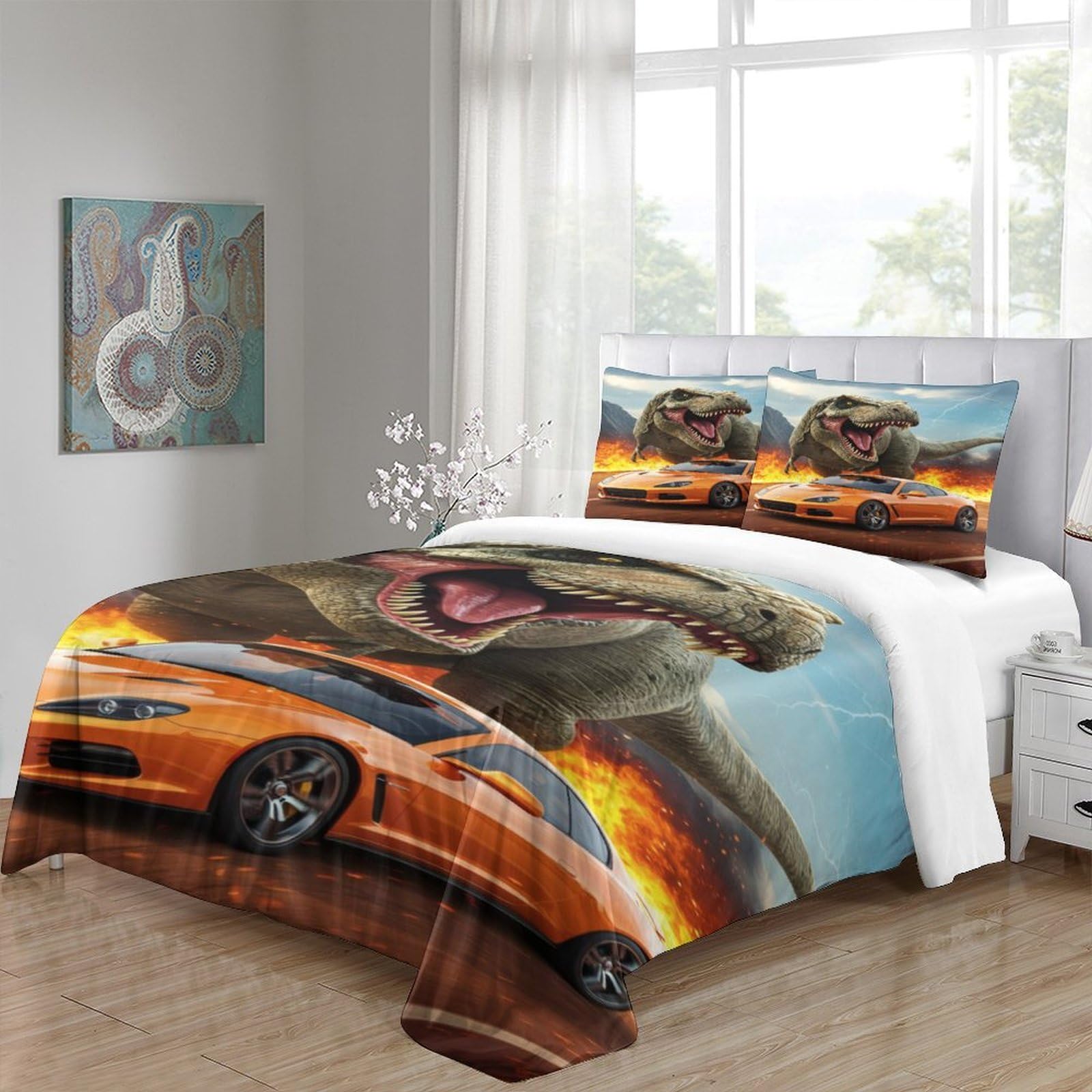 Inseguimento dei dinosauri 3D Stampa Coperteletto 3pz Microfibra Ipollergenica Film d'azione Coperta Letto 2 federe Antimacchia Ragazze Bambini Super king（260x220cm）