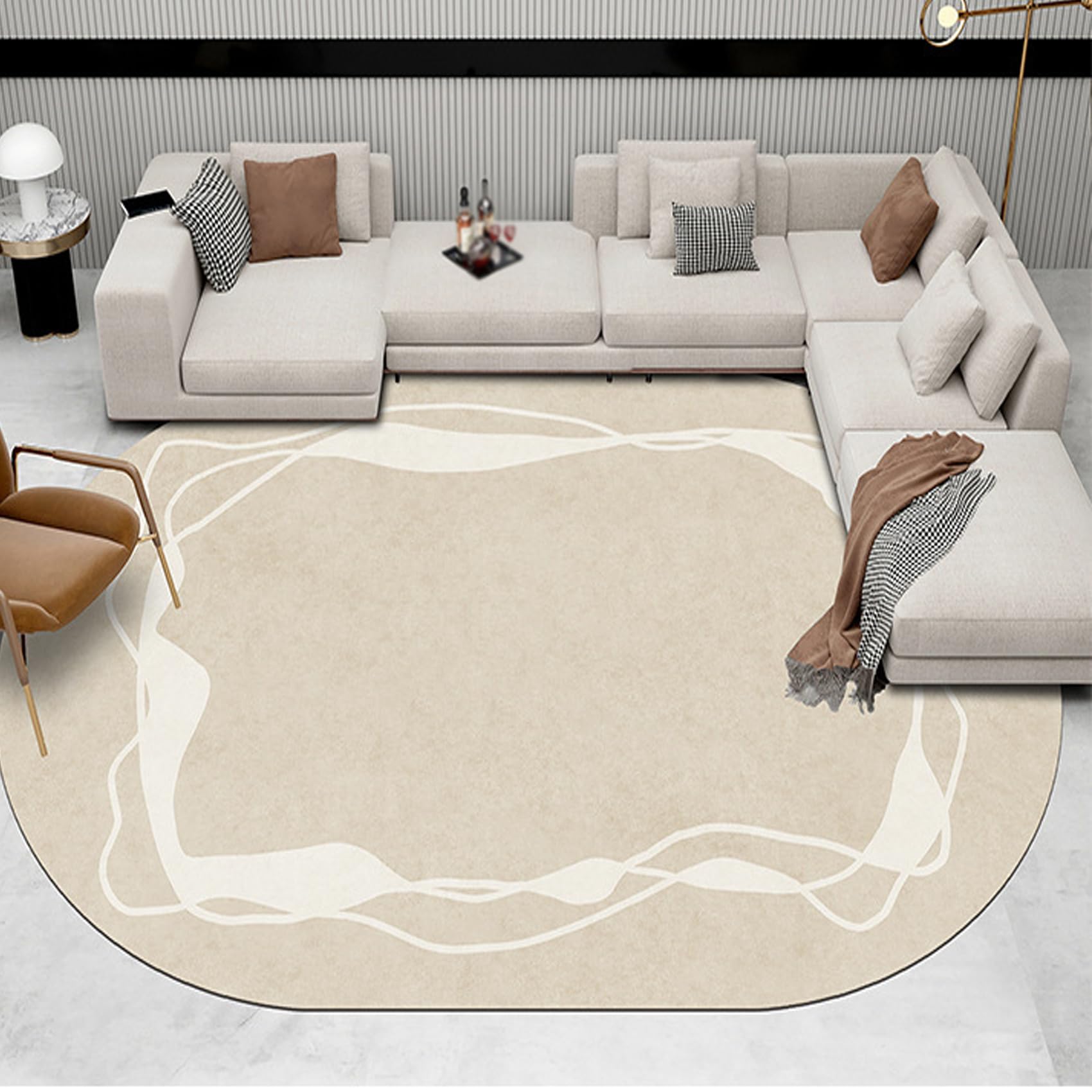 Tapis poils courts ovale crème 120x200 cm à motifs géométriques pour salle de séjour