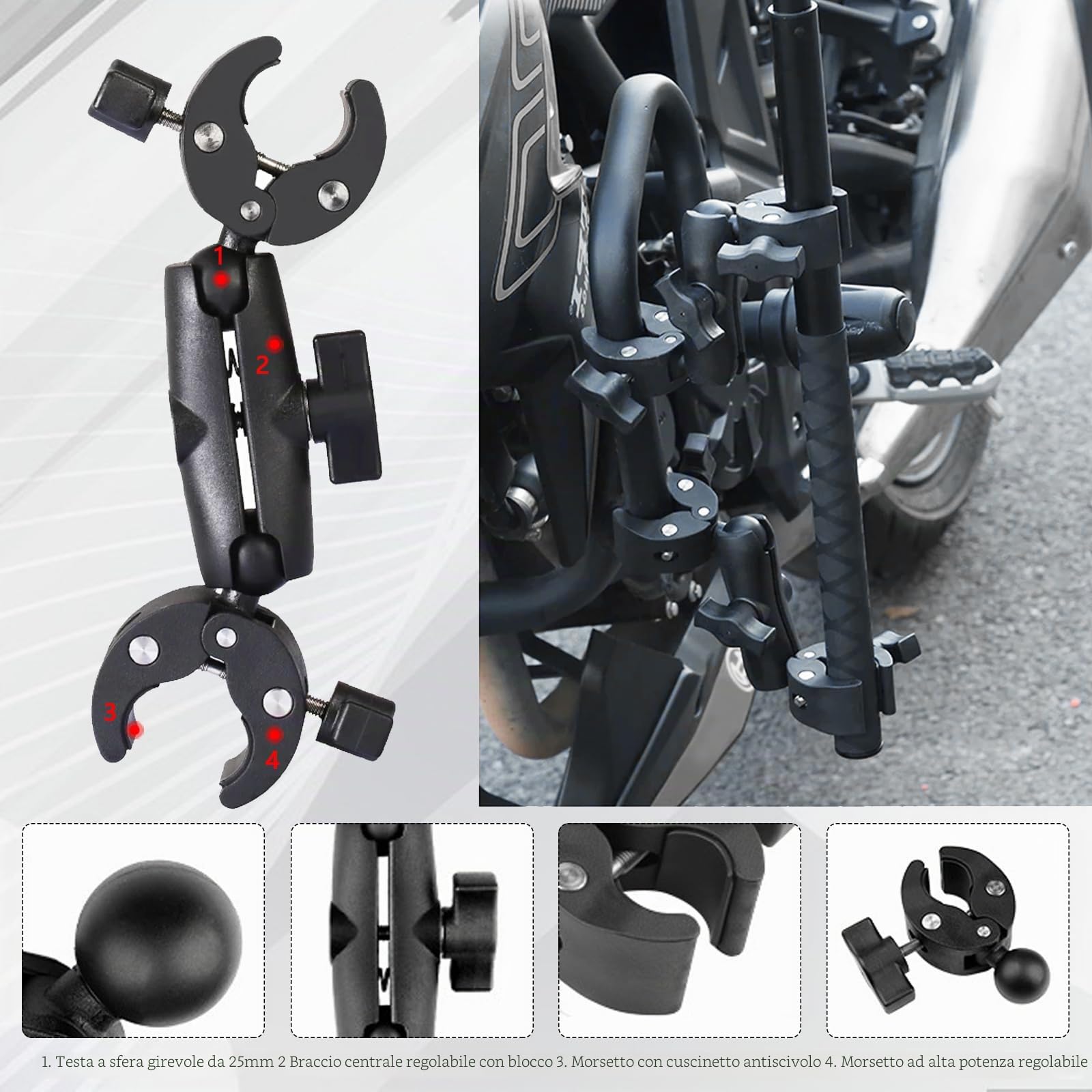 Supporto Moto per Insta360 x4 Videocamera, Accessori per Insta360 X4, per Insta 360 x3 Kit Moto Rotazione a 360 Gradi Supporto per Moto a Doppia Pinza per Insta 360 X3/ X2/ One RS/Ace Pro