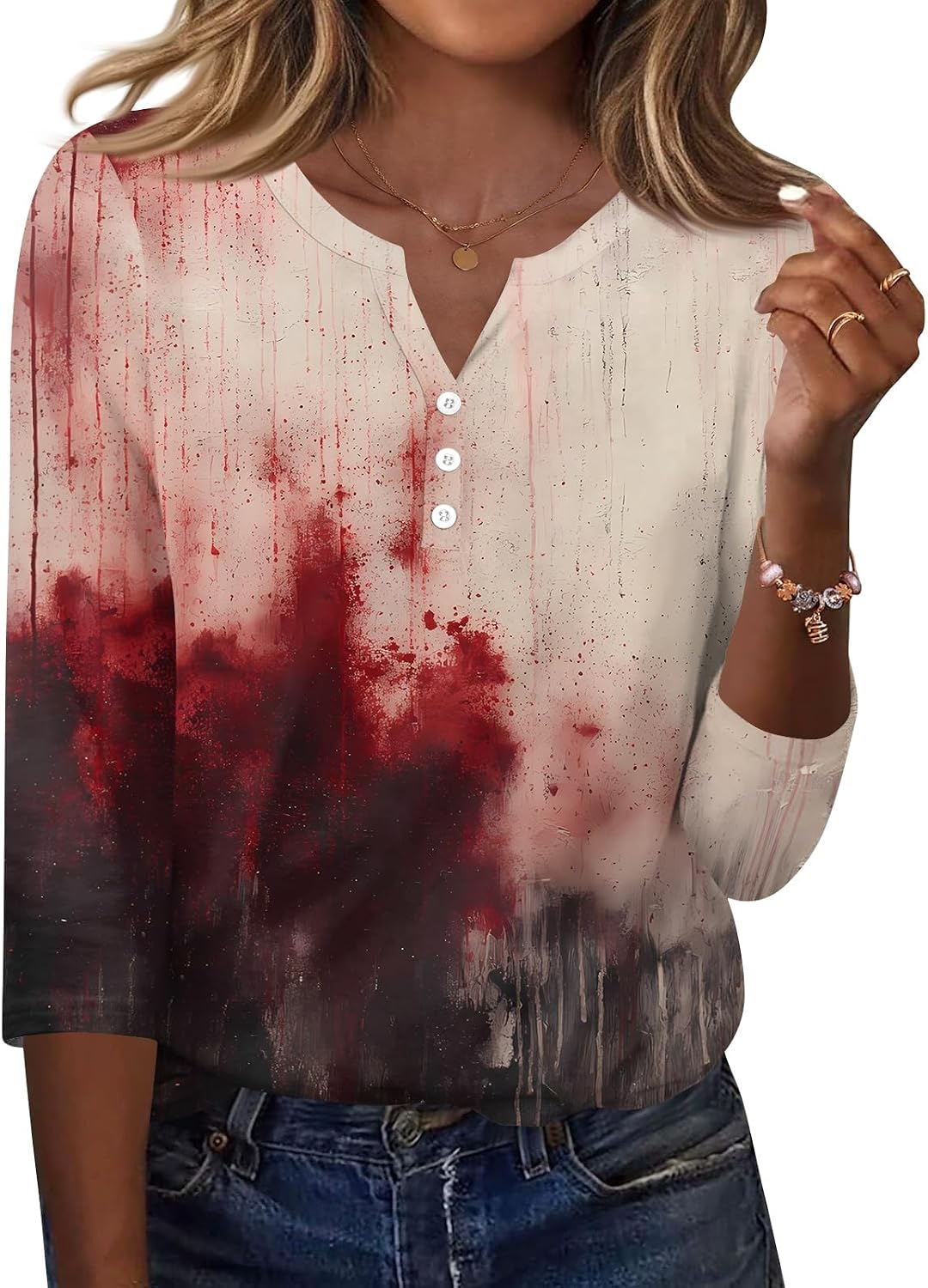 Women Halloween 3/4 Sleeve T-Shirts Button V Neck Graphic Cute Tops | Loose Fit Tops for Women, Holiday Shirts, Womans Casual Tees, Halloween Holiday Clothes