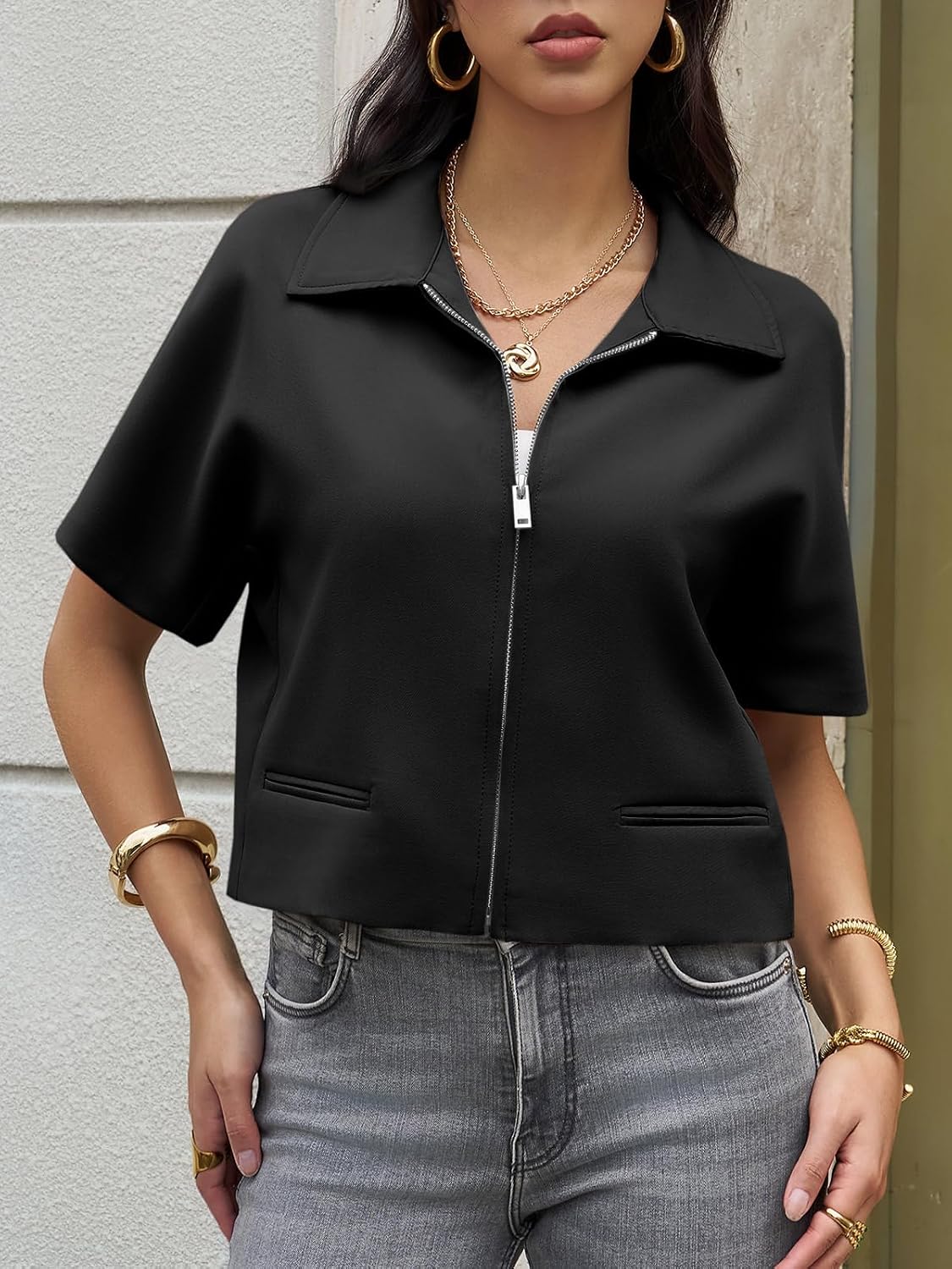 Tankaneo Womens Trendy Vest Top Summer Casual Short Sleeve Zip Up Blazer Cropped Loose Fit Collared Blouses