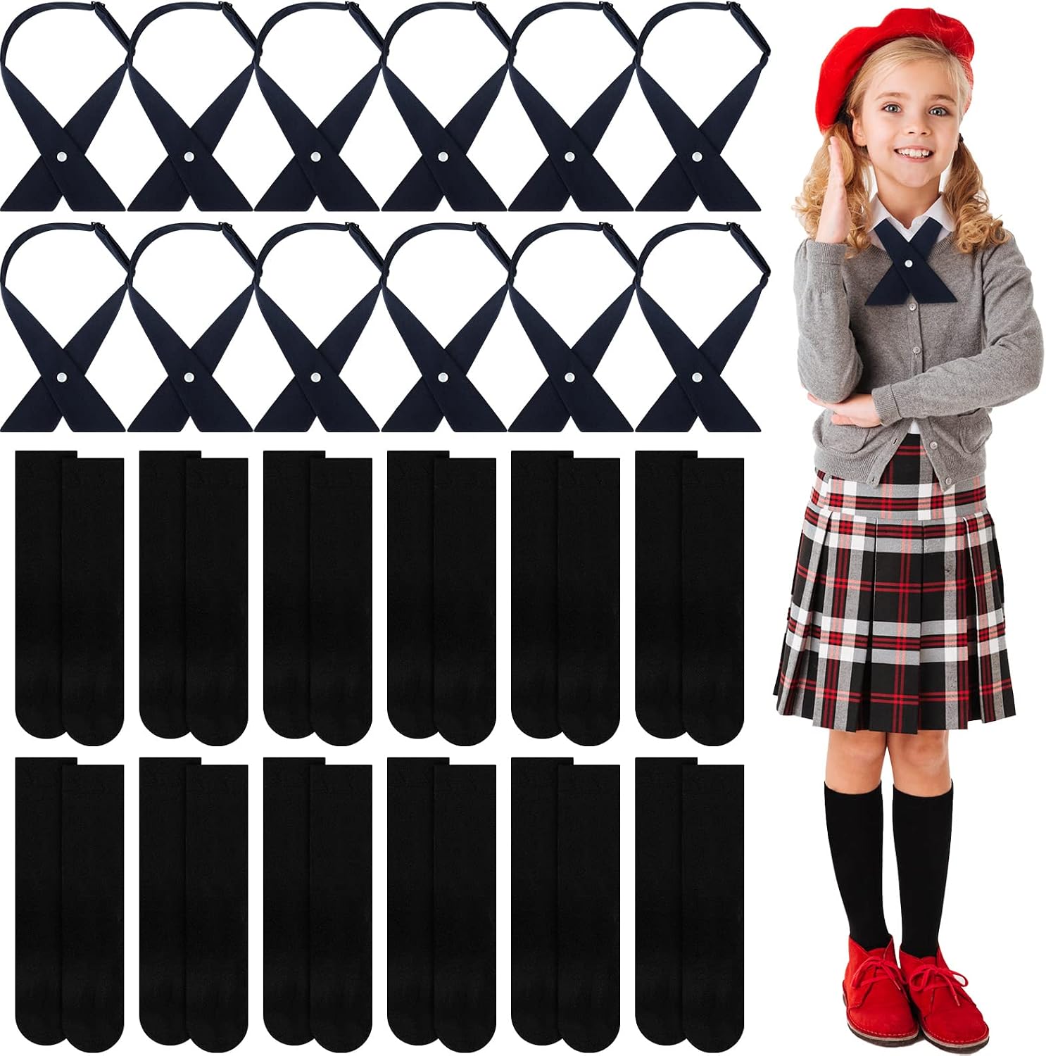 24 Pcs French Girls School Uniform Tie Criss Cross Bowtie and Dress Socks Set Include 12 Pcs Adjustable Navy Blue Neck Bowtie and 12 Pairs School Uniform Socks for School Girls Accessories