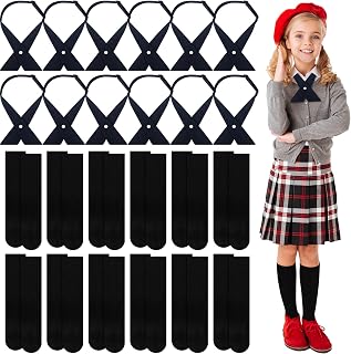 24 Pcs French Girls School Uniform Tie Criss Cross Bowtie and Dress Socks Set Include 12 Pcs Adjustable Navy Blue Neck Bowtie and 12 Pairs Uniform Socks for Back to School Girls Accessories