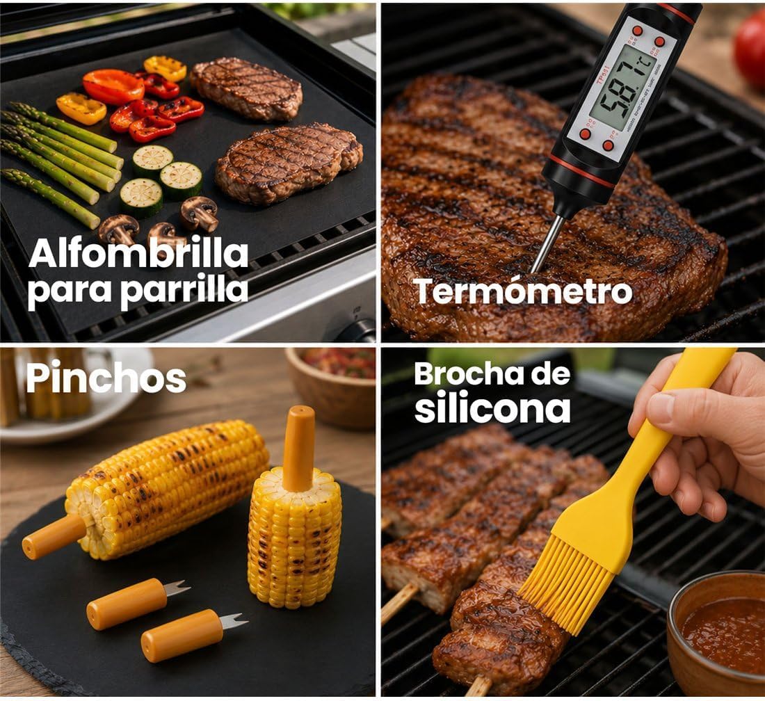 Thayba Set Utensilios BBQ Acero Inoxidable con Maletín 38 Piezas