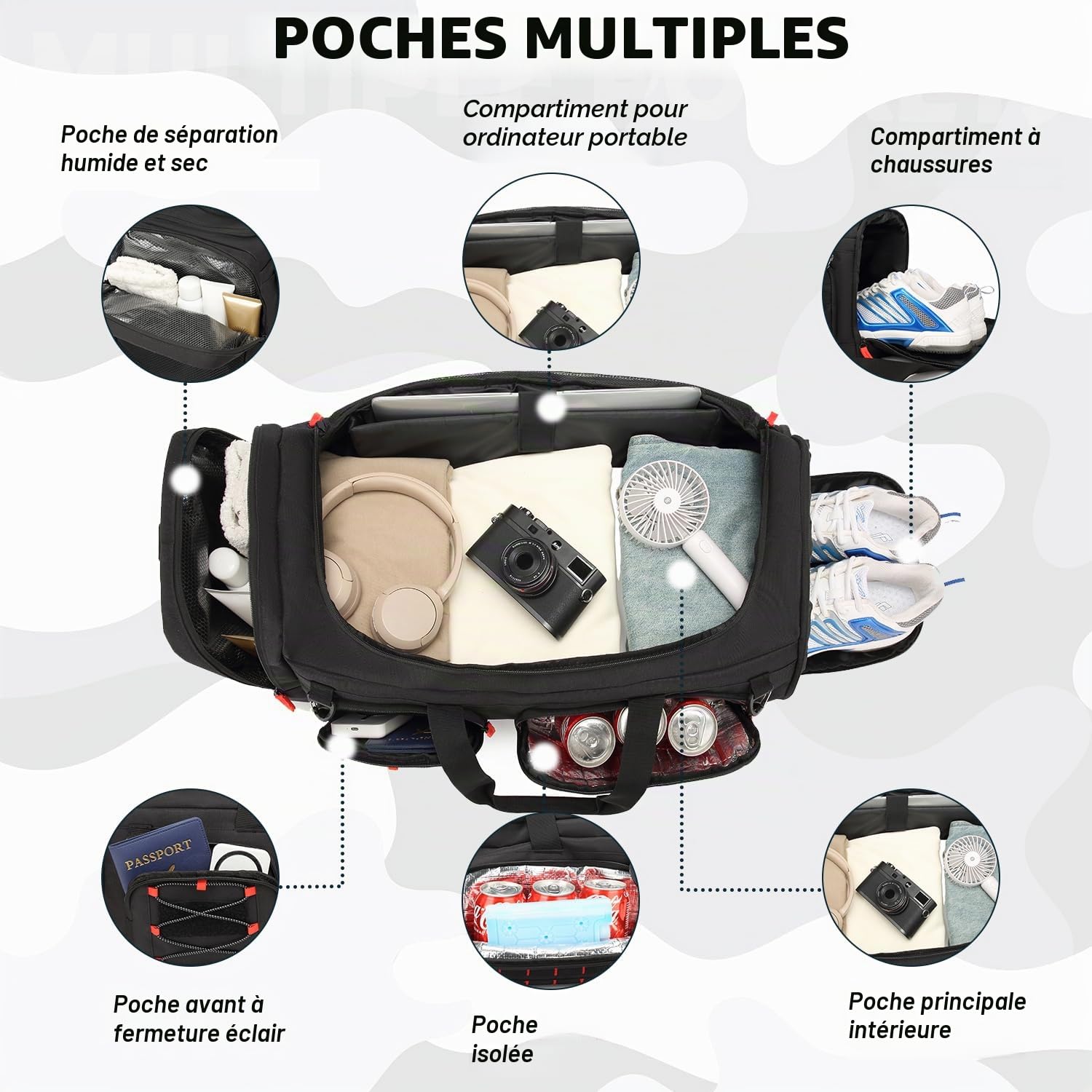 Sac de sport avec fonction sac à dos pour homme et femme 3 en 1 50 l - Grand sac de voyage tactique avec chaussures - Imperméable - Pour natation, alpinisme, voyage, weekend - Noir