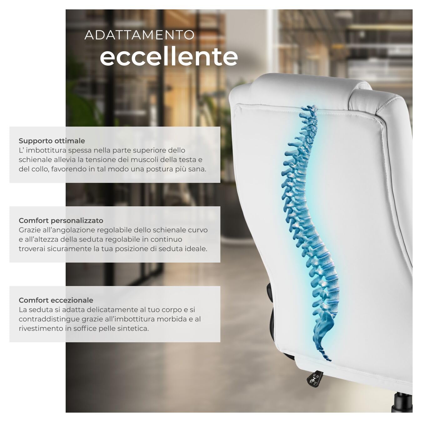 tectake® Sedia Ufficio, Imbottitura 12 cm, Sedia scrivania con Poggiatesta e Braccioli, Base con Rotelle, Sedia ergonomica con altezza regolabile, Inclinazione Continua, Poltrona Ufficio - Bianco