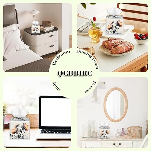 Miniatura 6 de Caja de pañuelos con diseño floral de amapola marrón con acuarela, diseño de flores abstractas de cuero, soporte decorativo para caja de papel de