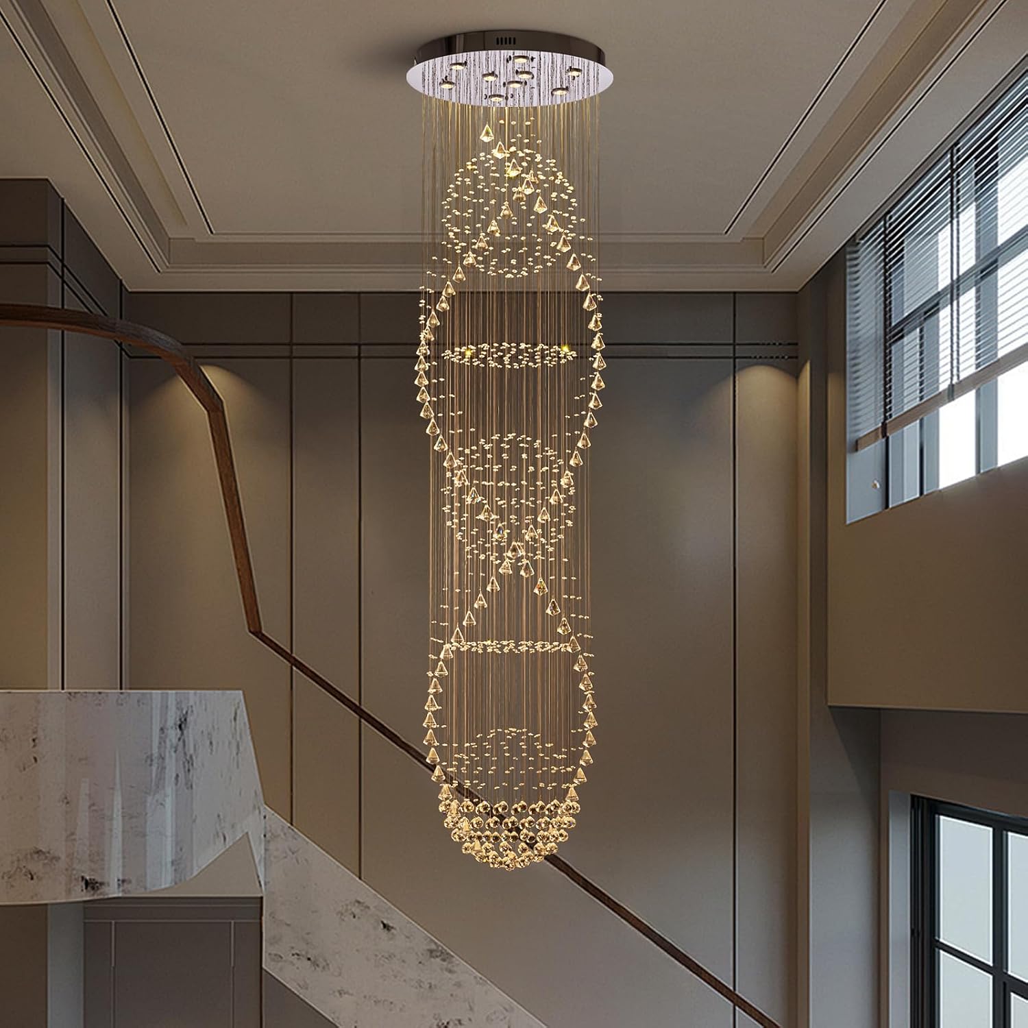 Modern Crystal Staircase Chandelier, Flush Mount Foyer Large Chandeliers for High Ceilings Entryway Hallway Entrance Living Room, Foyer Lighting Fixtures, D25.6 x H98.4
