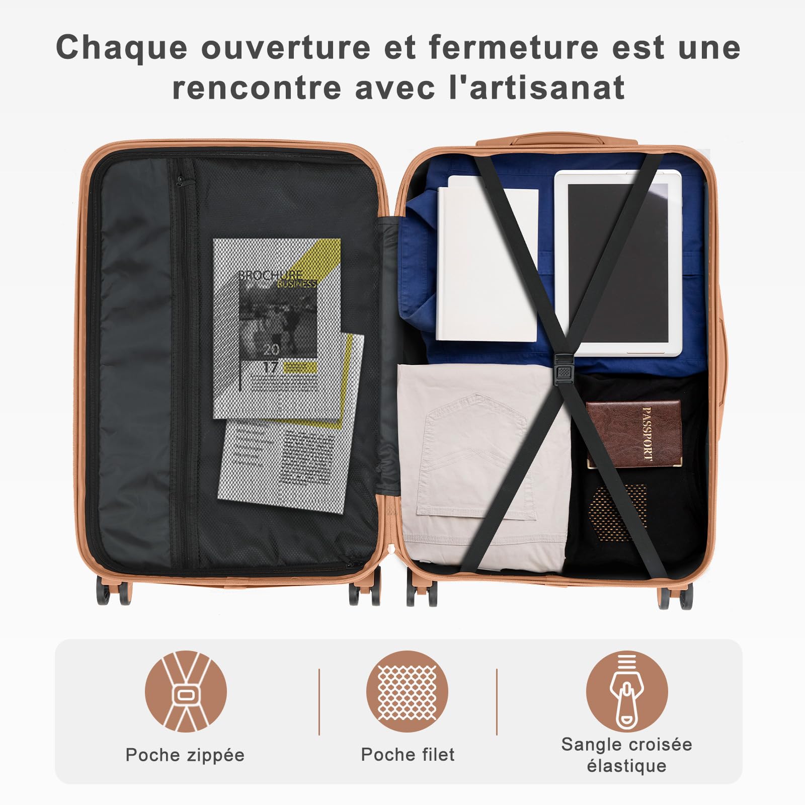 LEADZM Set de 4 Valises de Voyage avec Vanity Case, Valise Grande Taille & Cabine, Set de Bagage pour Voyage, ABS avec Coins Renforcés, roulettes Pivotantes 360° et Cadenas - Noir-Marron