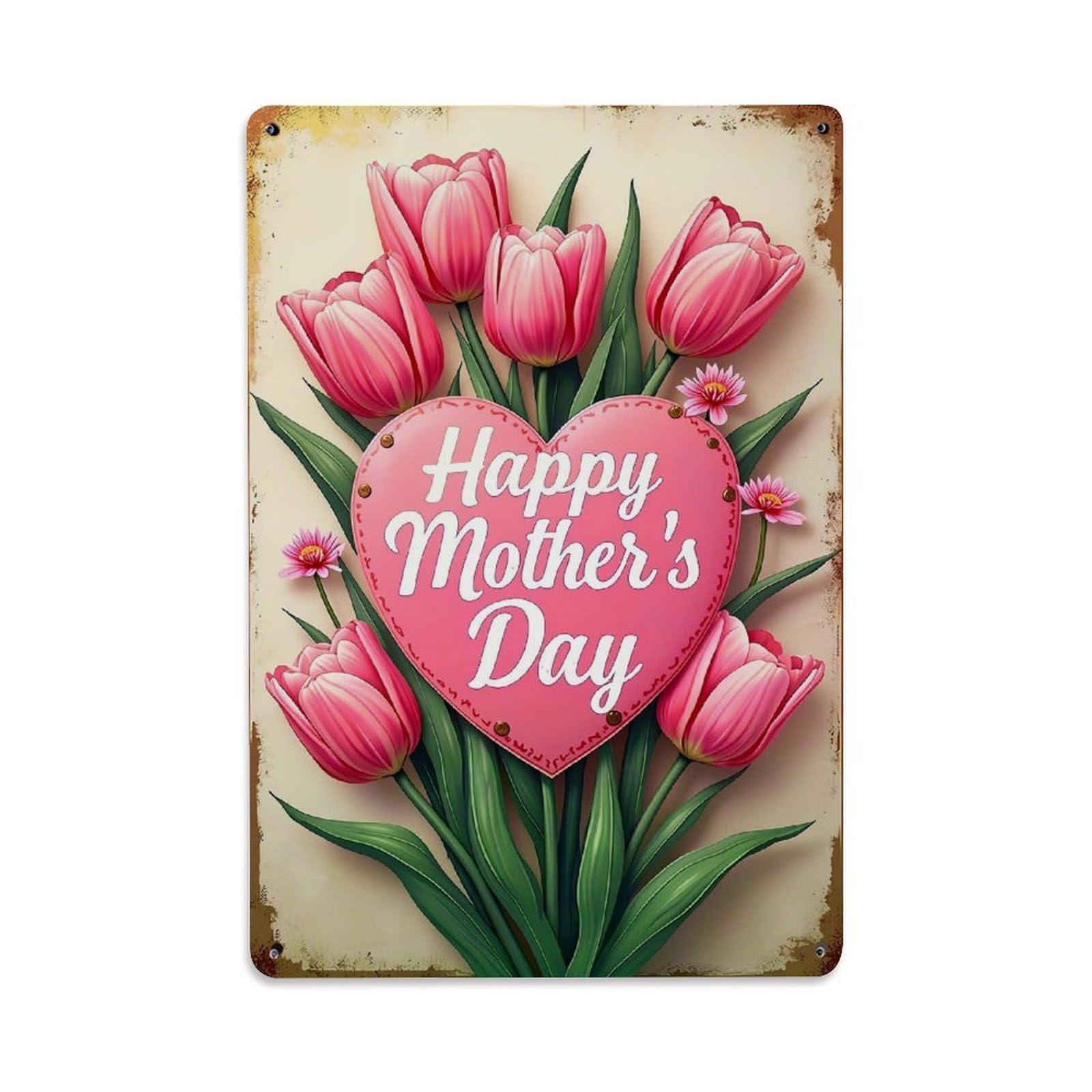 Jdyaojiesheng Vintage Pink Tulips Heart Mother's Day Tin Sign Retro Metal Wall Decor Metal Poster, Home Bar Garage Farmhouse Cafe Wall Art Decoration 8X12inches