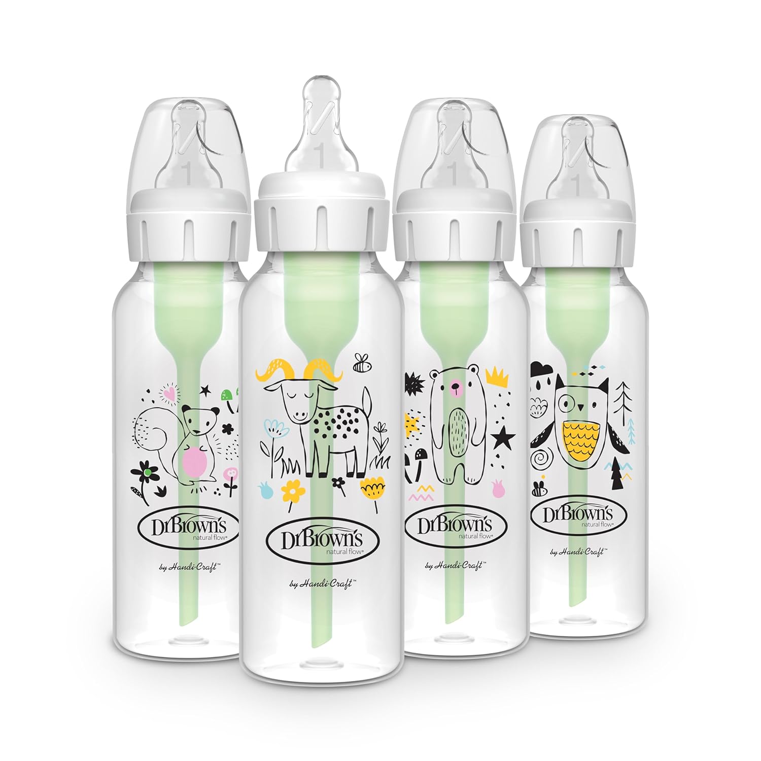 Dr. Brown's Natural Flow Anti-Colic Options+ Narrow Baby Bottle, 8 oz/250 mL, with Level 1 Slow Flow Nipple, BPA Free, 0m+, Squirrel, Goat, Bear, Owl, 4-Pack