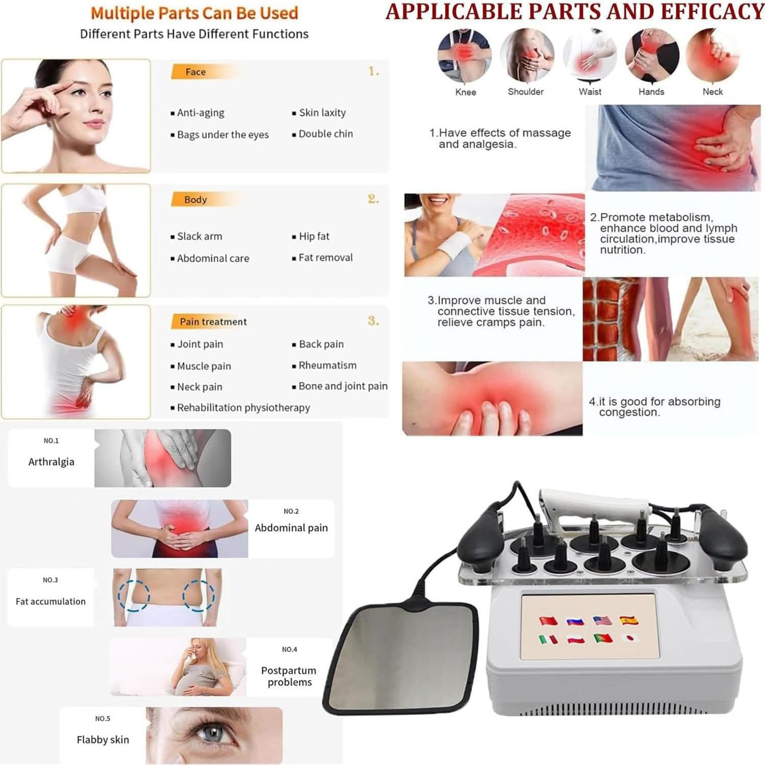 Apparecchio Tecarterapia 448Khz Dispositivo di Fisioterapia Caldo e Bellezza Non Invasivo,con 8 Testine,RES+cap/CET/RET Regolabili,per Rimozione Cellulite,Rassodamento Pelle e Sollievo Dolore